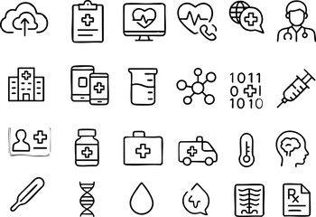 Fototapeta premium Line art medical icon set with 24 thin stroke symbols arranged in 4x6 grid showing cloud upload, clipboard with cross, syringe, ambulance, heart monitor, brain icon
