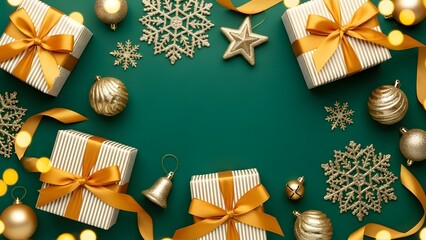 Festive christmas arrangement with gifts ornaments and ribbons on a green background top down view