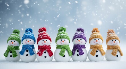 Group of cute snowmen wearing colorful hats and scarves