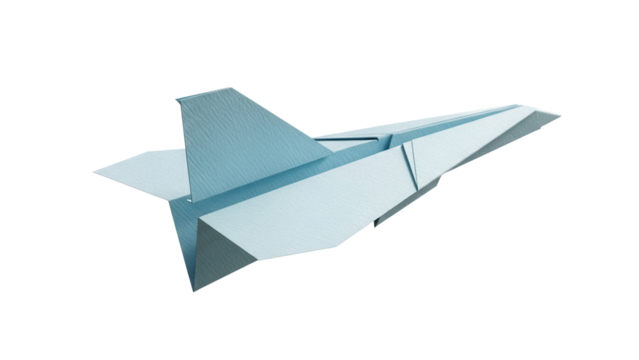 Light blue paper airplane isolated PNG on transparent background, origami toy for kids and creative projects, handmade model