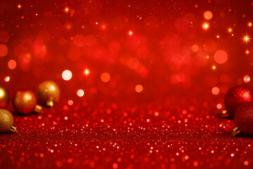 赤とゴールドのきらめくクリスマス背景、華やかなボケとオーナメント