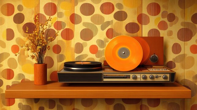 70s Record Player on Shelf, Retro Style, Decorative