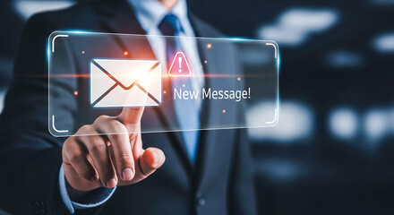 A close-up of a businessman's hand interacting with a digital interface, showing an email notification with an alert symbol, signifying new digital correspondence.