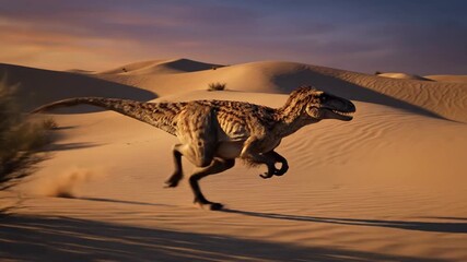 Large carnivorous dinosaur running across vast sandy desert dunes, kicking up dust during sunset, representing themes of power, survival, and ancient wilderness