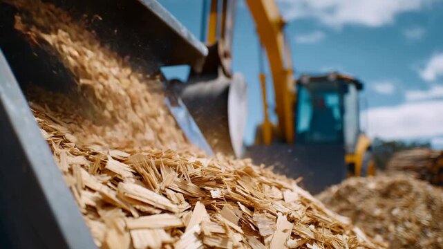 344Macro-style view of wood chips falling from machinery chute into container, individual chip details visible, industrial factory background softly blurred, motion emphasized