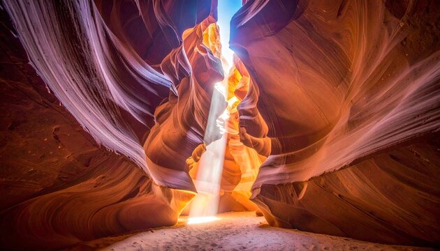 Antelope Canyon's Majestic Interior with Sunlight Streaming Through Narrow Openings Illuminating Sandstone Walls and Creating Striking Patterns for Natural Wonder