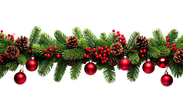 Seasonal Garland with Red Ornaments Pine Cones and Berries on Transparent Backdrop a Festive Holiday Decoration for Winter Celebrations with Clipping Path Isolated 200x200
