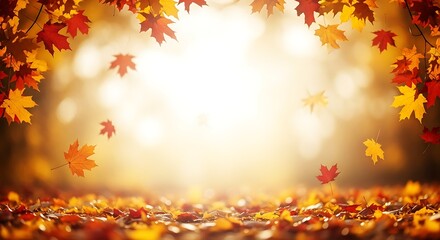 Fototapeta premium Falling autumn leaves in a warm, sunlit forest background