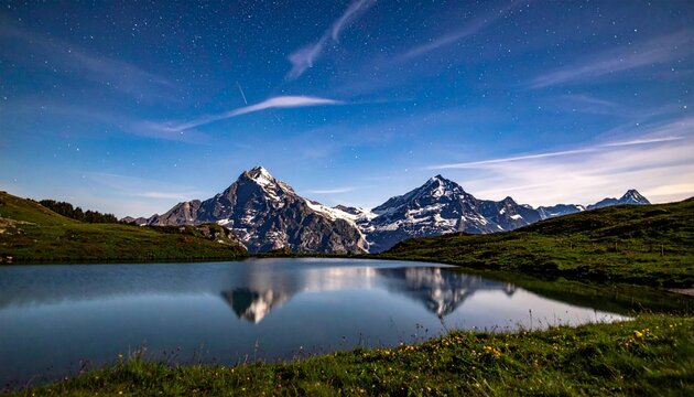 Swiss alps mountains and lake reflection during night with starry sky in grindelwald switzerland beautiful landscape nature outdoor travel scenic view in european alps