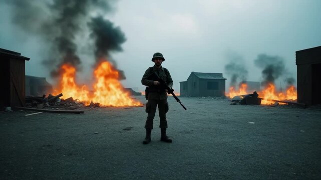 Close-up of a person wearing protective goggles, reflection shows a fiery battlefield with explosions.