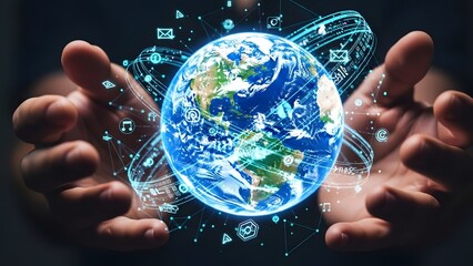 Hands holding digital earth with global network connections and data streams
