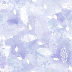 Abstract leaves on lilac watercolor background. Vector. Art nature background.  Perfect for design templates, wallpaper, wrapping, fabric, print and textile.