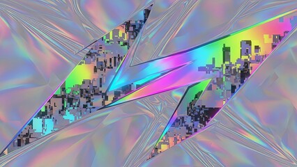 Abstract Holographic Cityscape Reflection on Iridescent Surface.