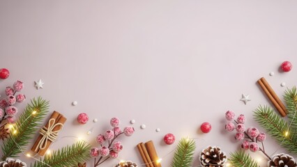 Festive christmas border with fir branches pine cones and berries