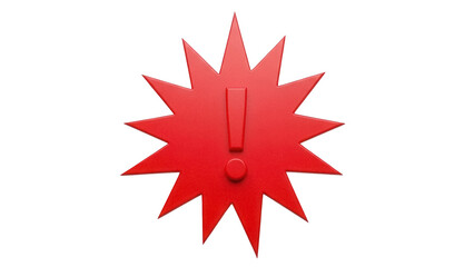 Red exclamation mark in starburst shape isolated PNG, warning sign for attention and alert on...