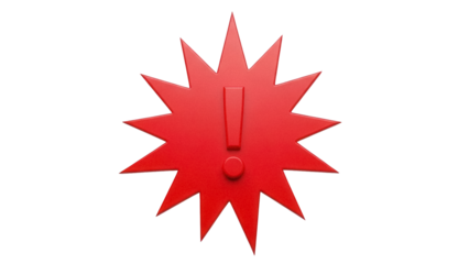 Red exclamation mark in starburst shape isolated PNG, warning sign for attention and alert on transparent background