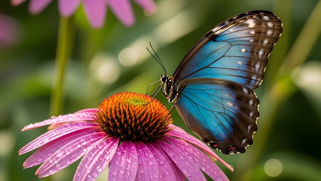 Blue morpho butterfly sipping nectar from a purple coneflower in a garden