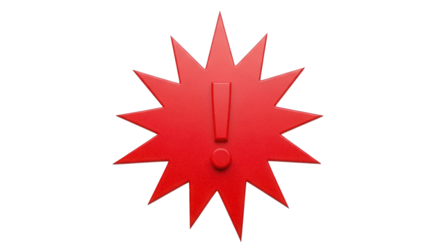 Red exclamation mark in starburst shape isolated PNG, warning sign for attention and alert on transparent background
