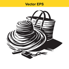 Summer beach essentials straw hat bag and flip-flop vector art