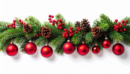 Delightful christmas frame composition featuring fresh evergreen branches pine cones red berries and vibrant red ornaments arranged on clean white backdrop for stylish holiday greeting