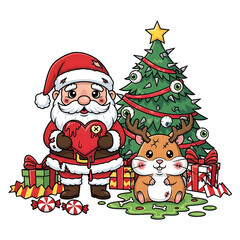 Obraz premium A spooky Christmas scene featuring a zombie Santa, a reindeer, and a tree.