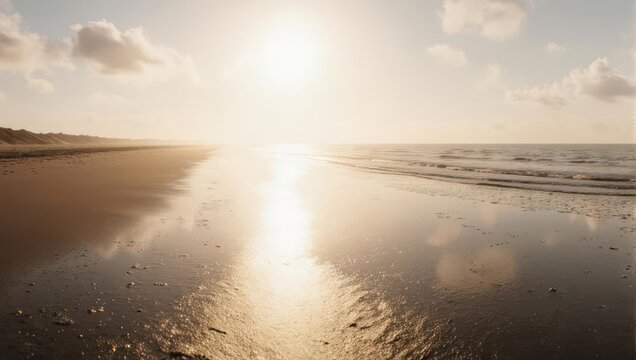Wide beach at sunrise, glistening sand, calm ocean, soft clouds and sun
