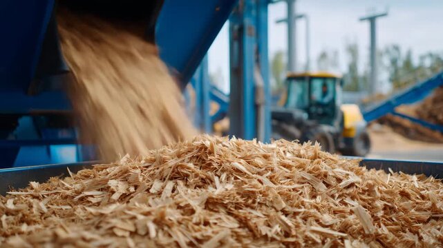 360Close-up of wood chips streaming from mechanical shredder into a collection container, motion blur enhancing dynamic flow, factory environment in soft focus