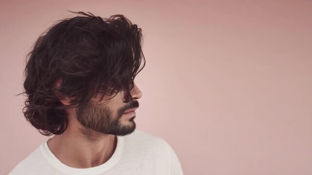 A man with long, wavy hair and a beard wearing a white shirt, posed against a soft pink background.