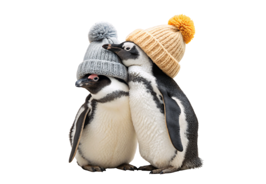 Two Humboldt penguins wearing colorful pom-pom hats cuddling together, isolated on a transparent background - Powered by Adobe