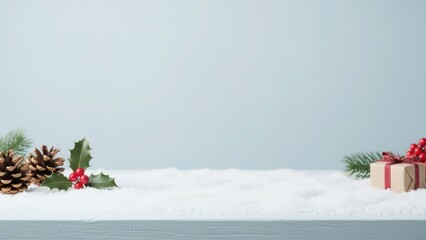Festive christmas scene with pine cones and gifts on snow