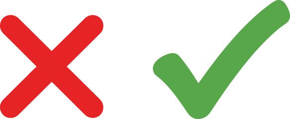 Green Check Mark And Red X Mark Icons Isolated on White Background, Flat Design