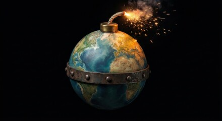 A striking 3D rendering of the planet Earth as a lit bomb with a sparking fuse and a metal band around the equator, against a solid black background, symbolizing global crisis.