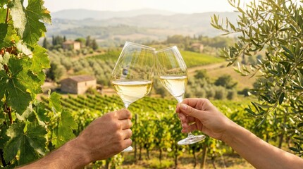 A couple's hands make a celebratory toast with glasses of white wine against the beautiful, sun-drenched rolling hills and lush vineyards of the Italian countryside during sunset.