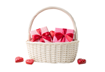White wicker basket containing pink wrapped gifts and decorative hearts, isolated on a transparent background