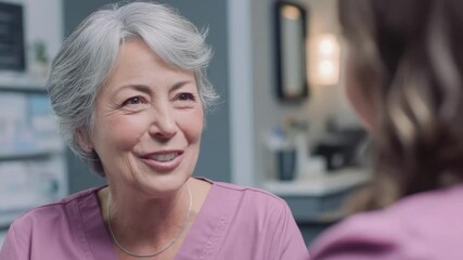 Smiling elderly woman with short gray hair in pink scrubs talks with a patient in a clinic.