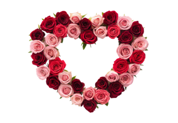 Heart wreath made of pink and deep red roses, isolated on a transparent background
