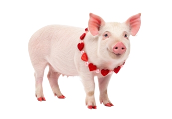 Cute pig with Valentine's heart necklace and painted hooves, isolated on a transparent background