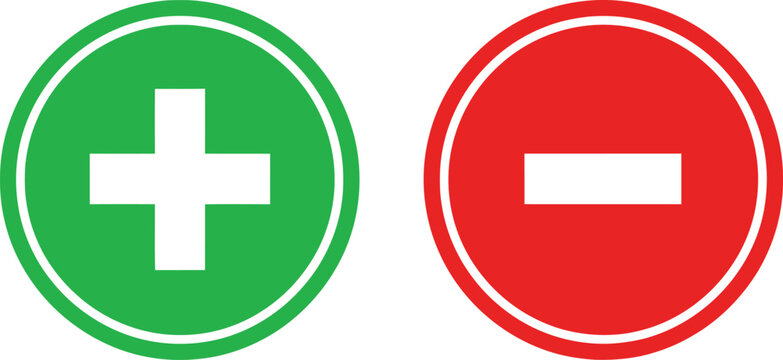 Green Plus and Red Minus Signs Addition, Subtraction Symbols in Circles
