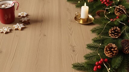 Cozy christmas scene with hot chocolate cookies and festive decorations