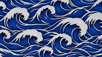 Dynamic Blue Ocean Waves Pattern with White Foam and Traditional Japanese Art Style.