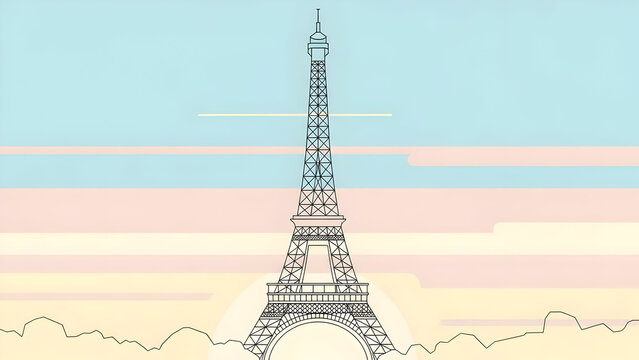 Minimalist Tower Illustration with Pastel Sky and Cloud Background