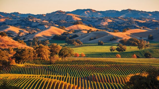 terroir. A picturesque vineyard landscape with rolling hills bathed in warm sunset light. inspiring travel planning, travel magazines, designed for travel destination branding.
