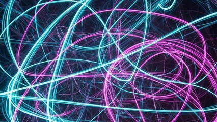 Dynamic Neon Light Trails Intertwined on a Dark Background.