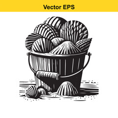 Bucket overflowing with various seashells on beach, ocean graphic