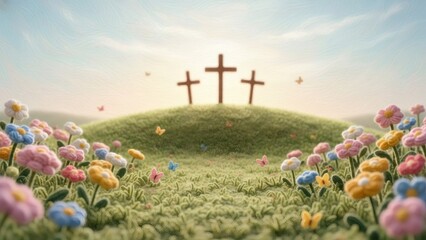 Knitted hill with three crosses and colorful flowers. Easter illustration for children, sunday school, and Christian event card design.