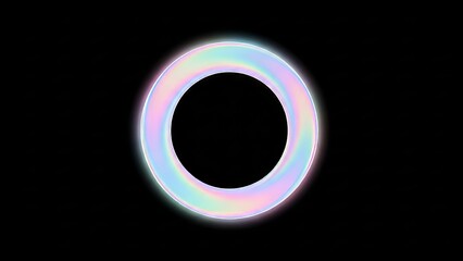 Holographic iridescent ring on a black background, minimalist abstract design.