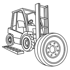 A simple line art illustration of a cartoon forklift truck with a large wheel and a ramp in front of it isolated on a white background