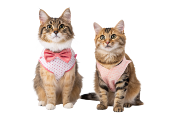 Two tabby kittens in pink polka dot outfits sitting together, isolated on a transparent background