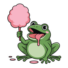 Obraz premium A happy cartoon frog enjoying a large pink cotton candy treat.