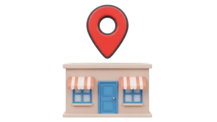 Storefront with location pin PNG isolated on transparent background, 3D rendering of shop building for business and navigation